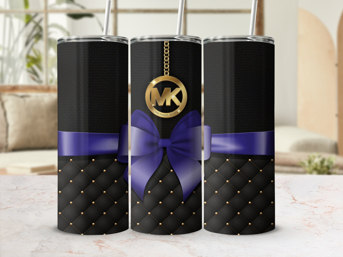 Luxurious Quilted Pattern Purple Bow Tumbler Cup