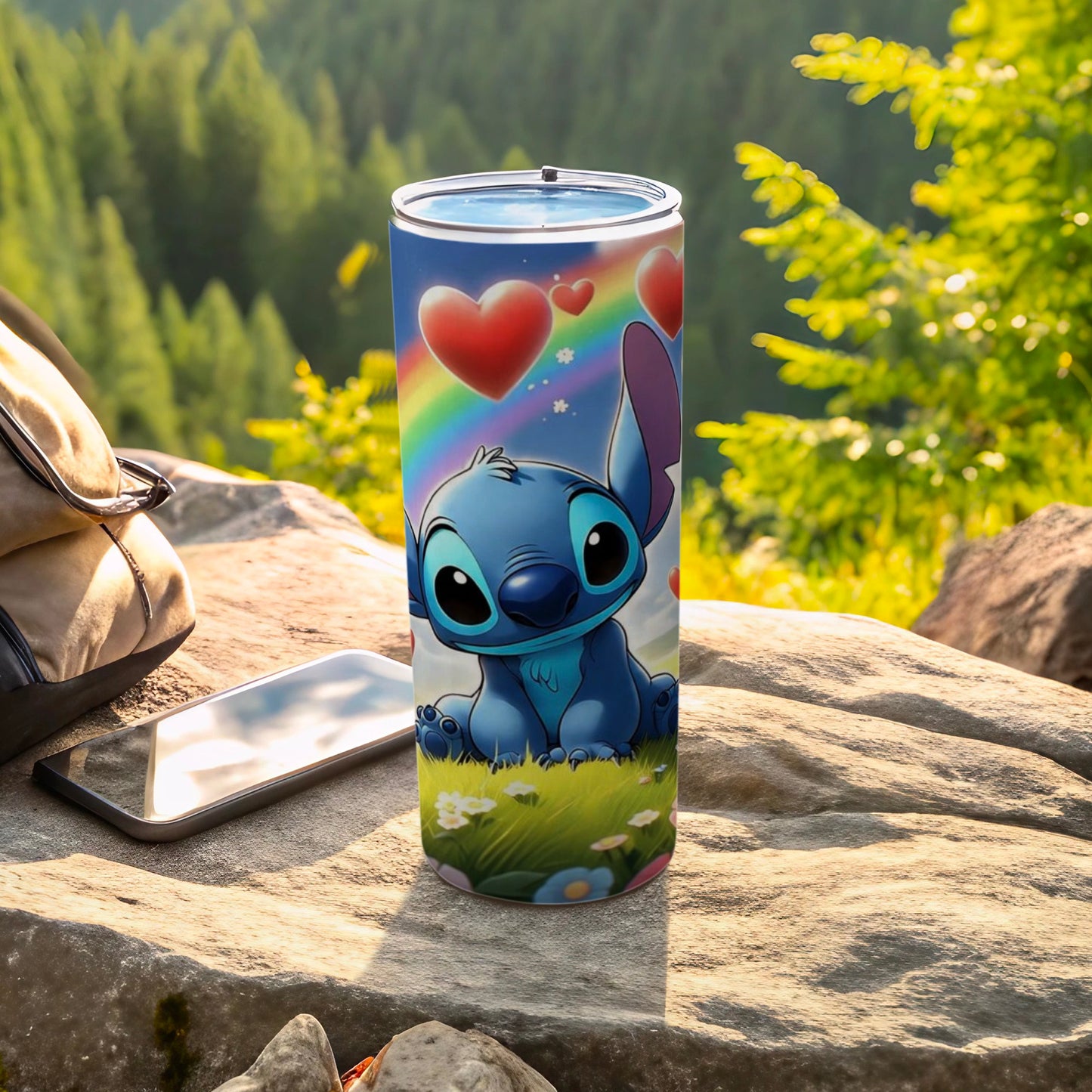 Cute Cartoon Character with Hearts and Rainbow Tumbler