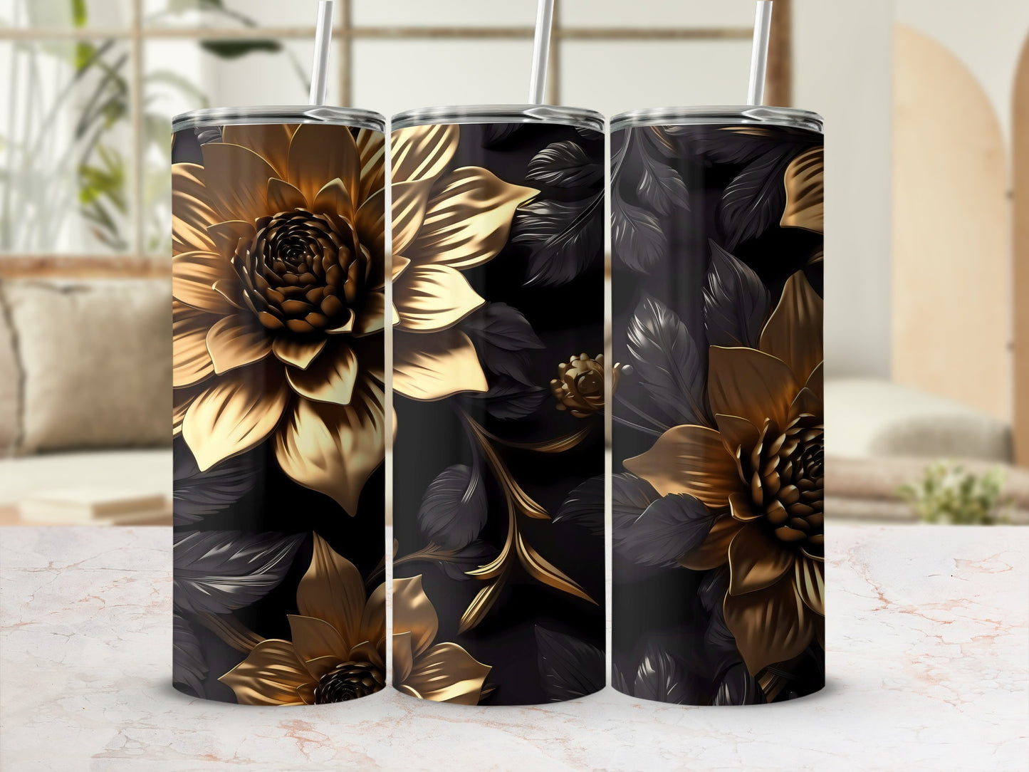 Elegant Black and Gold Floral Design Tumbler
