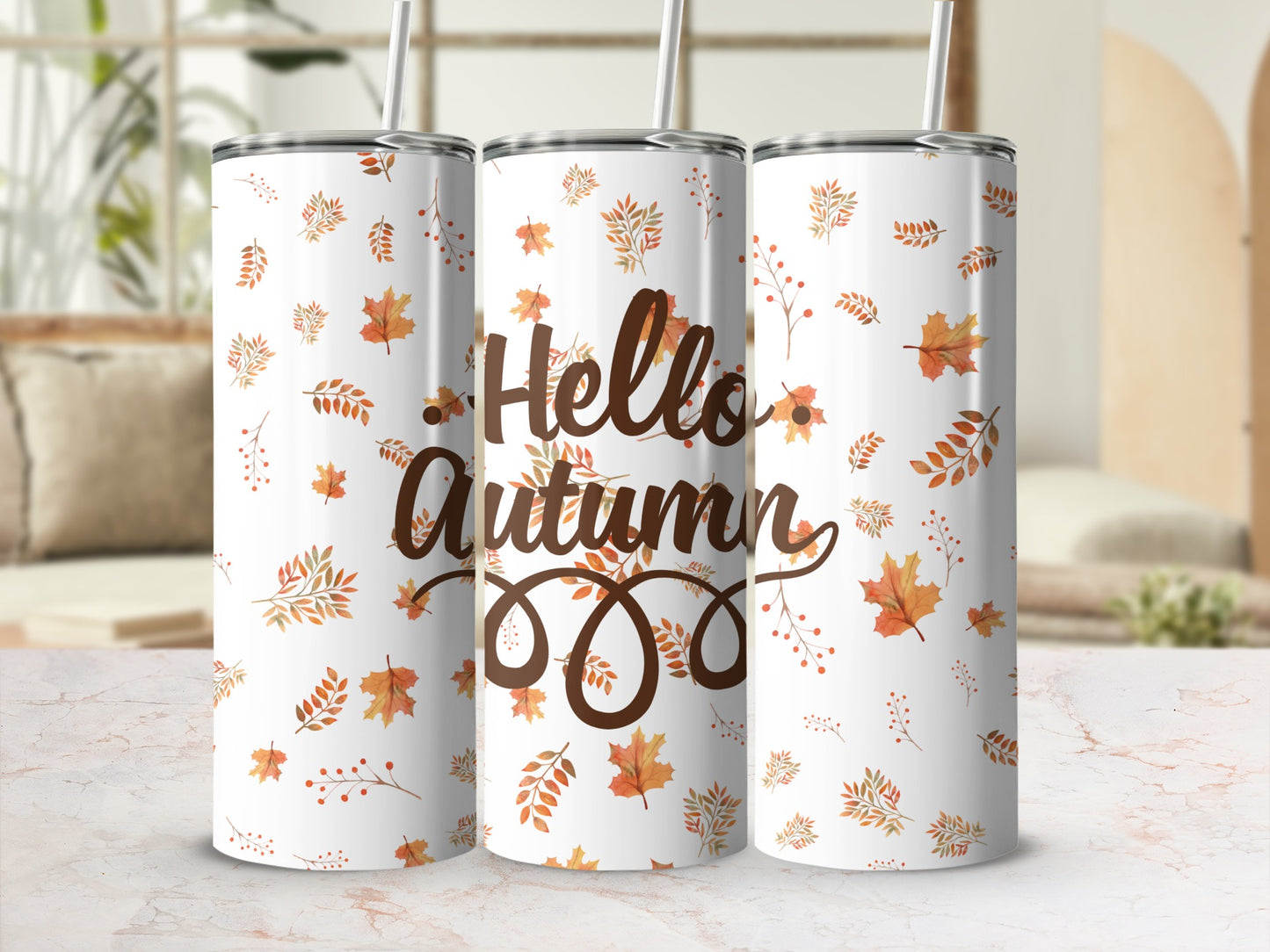 Hello Autumn Tumbler with Fall Leaves Design