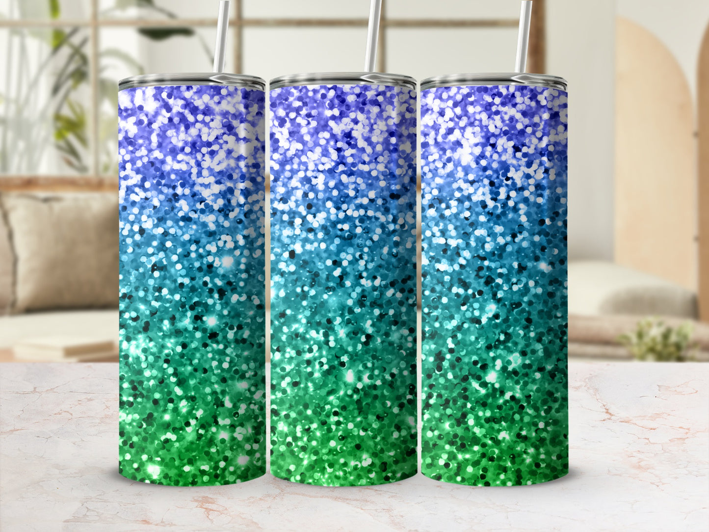 Gradient Blue and Green Glitter Tumbler Cups Drinkware