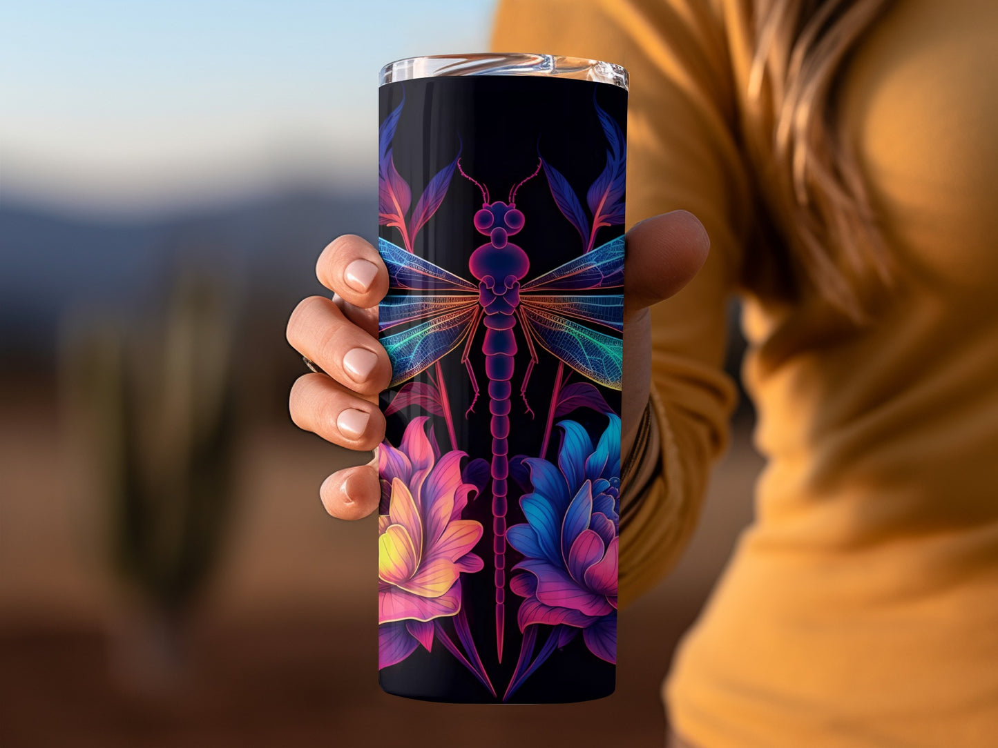 Vibrant Dragonfly and Flowers Artwork on Tumbler Product
