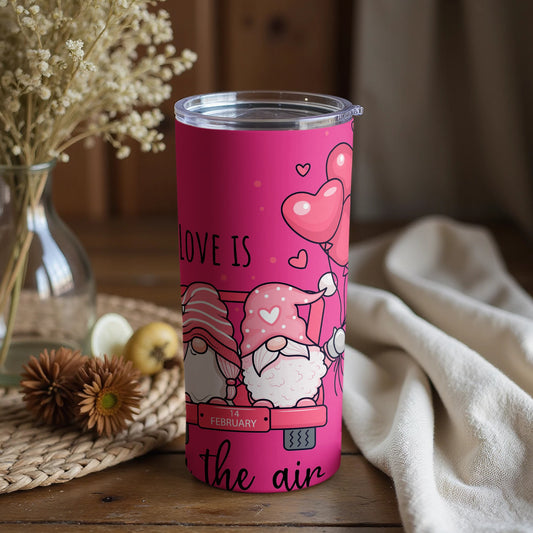Love Is In The Air Beverage Tumbler with Gnome Design