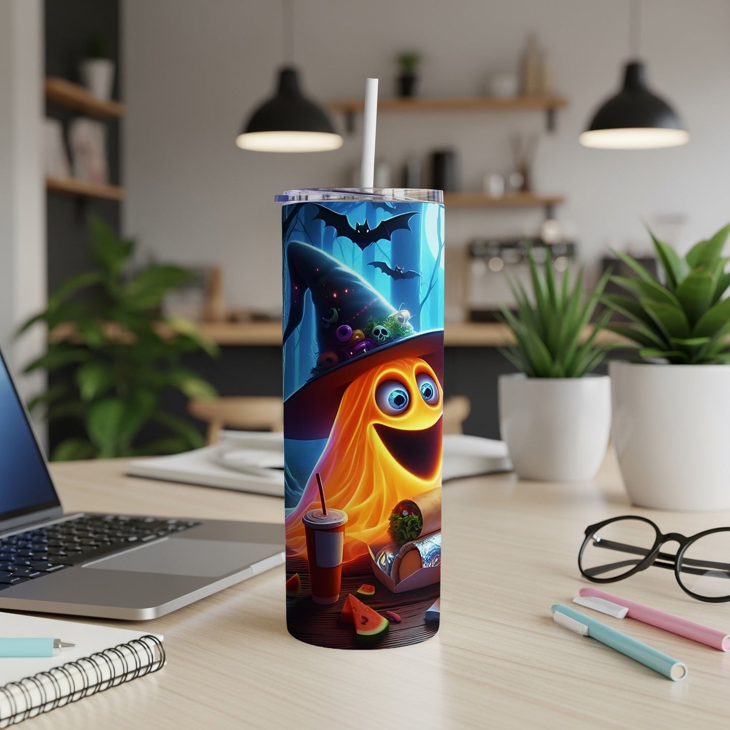 Tumbler with a smiling ghost wearing a witch hat, surrounded by bats.