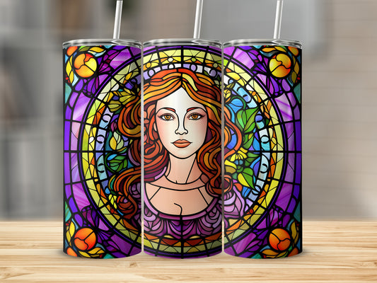Three tumblers featuring a stained-glass design of a woman's face.