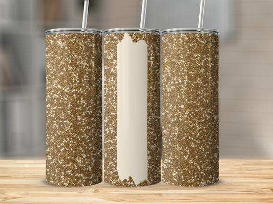 Three tall glitter tumblers with cream colored bands for customization.