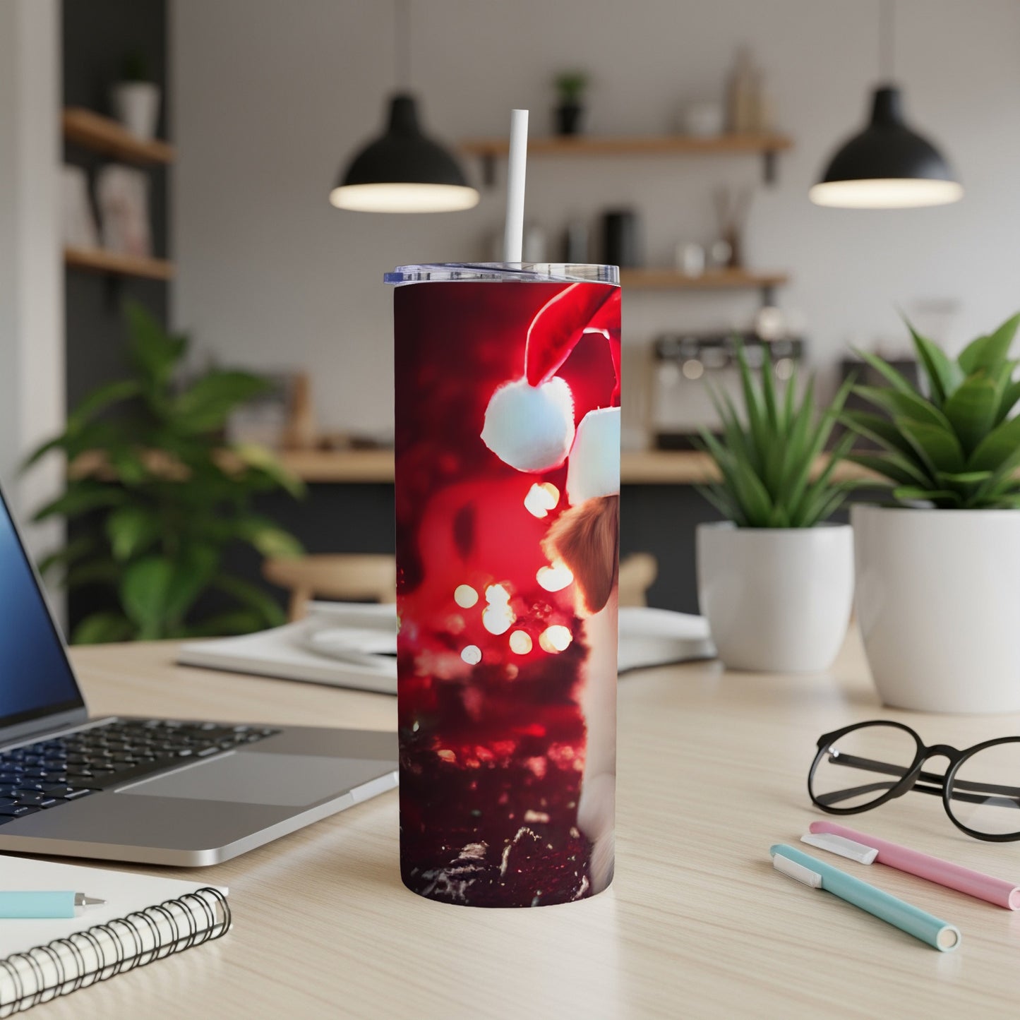 Dog in Santa hat on festive background tumbler.