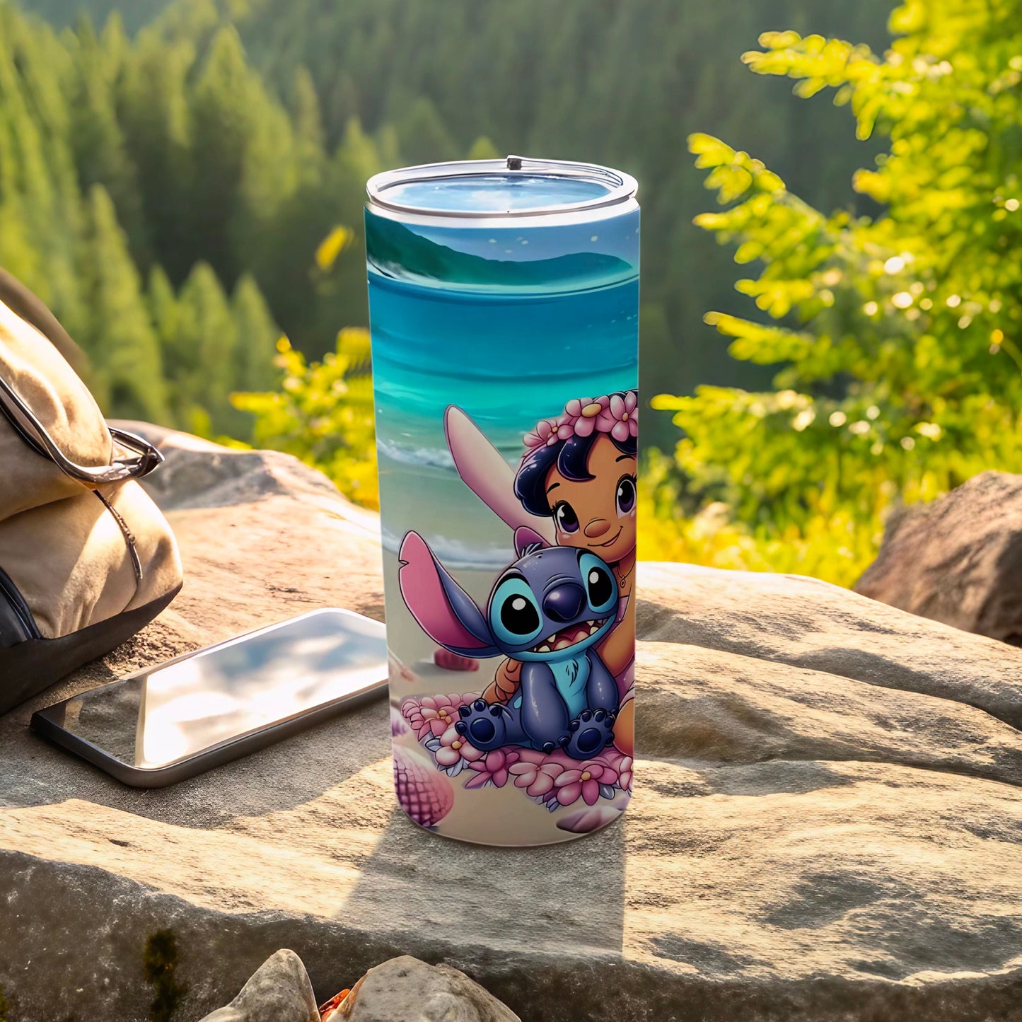 Cute Lilo and Stitch Tumbler with Scenic Background
