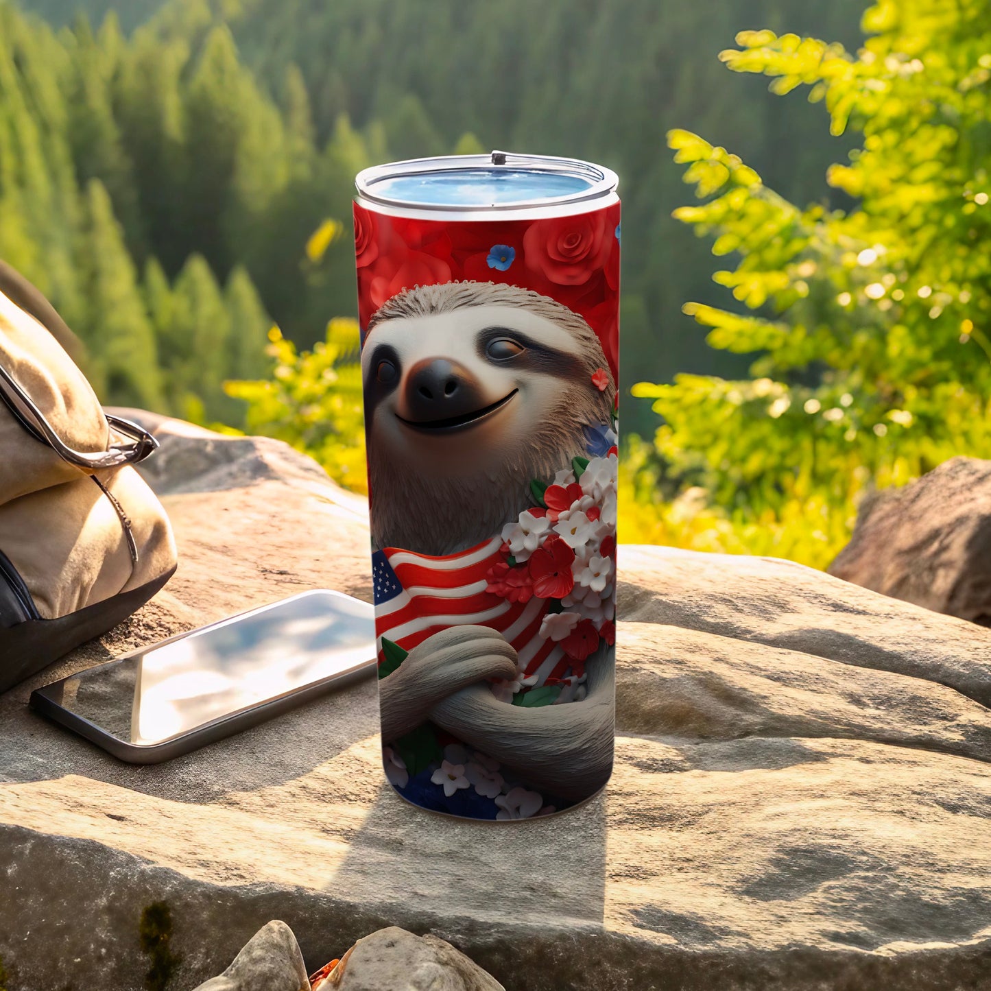 Sloth holding American flag and flowers on a patriotic tumbler.