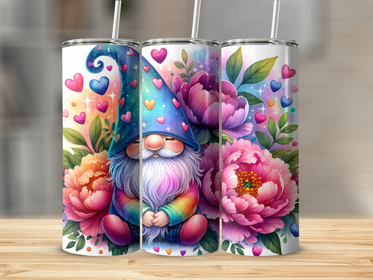 Gnome with rainbow beard and heart hat surrounded by peonies.