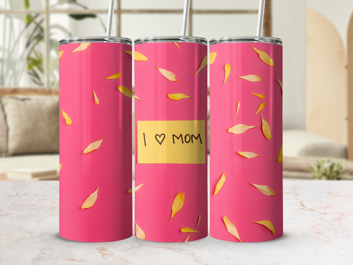 I Love Mom Insulated Drinkware with Pink Petal Design