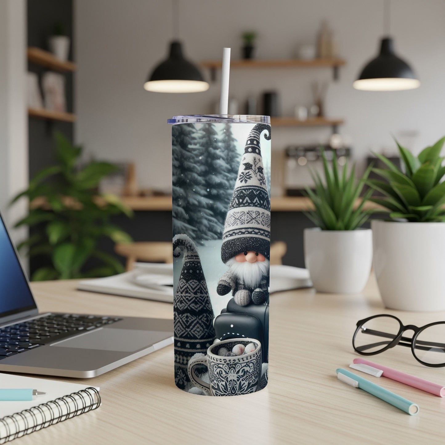 Winter gnome tumbler with snowflakes and hot chocolate mug.