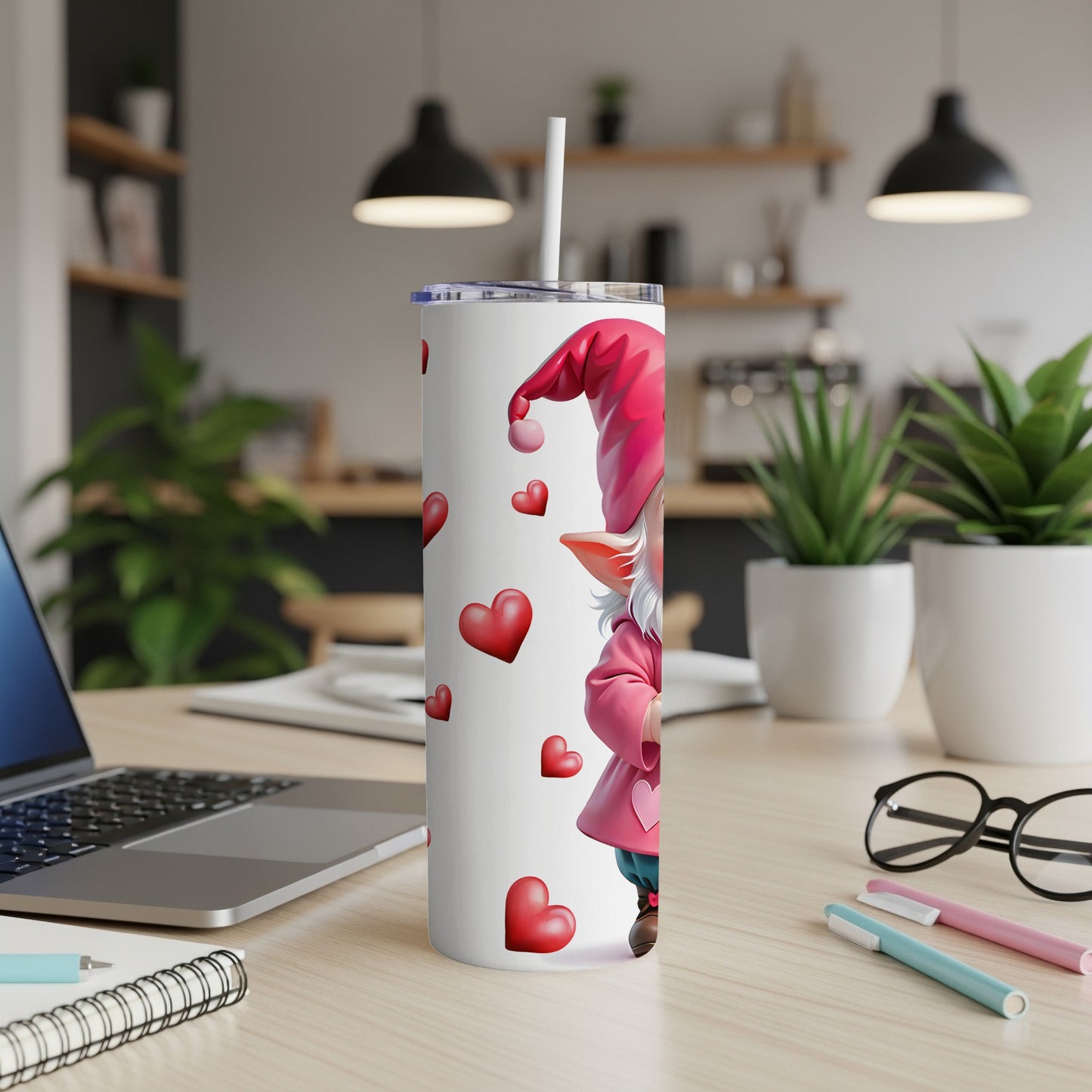 Gnome with hearts on a white tumbler with a straw.