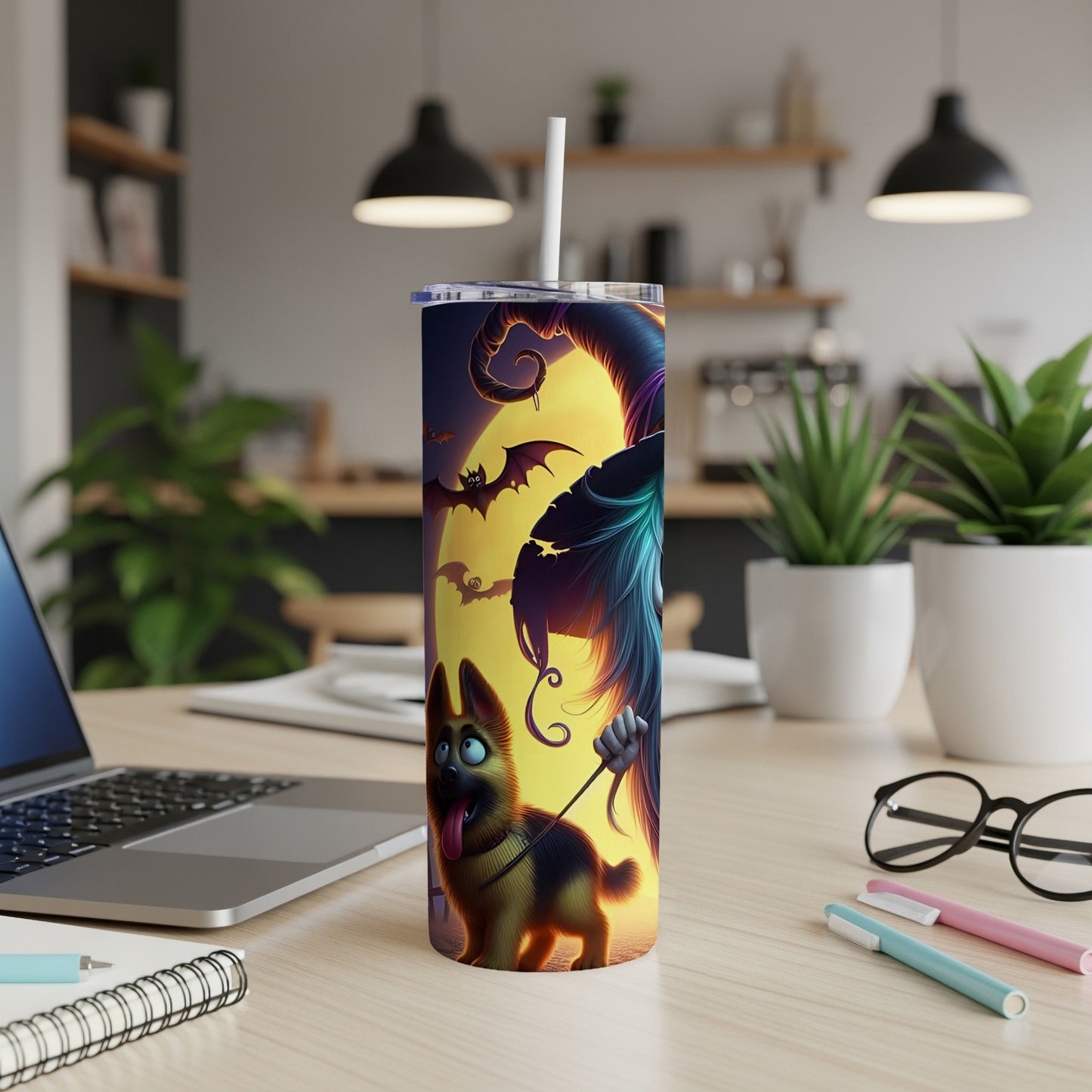 Tumbler with cartoon witch and German Shepherd against a yellow moon and bats.
