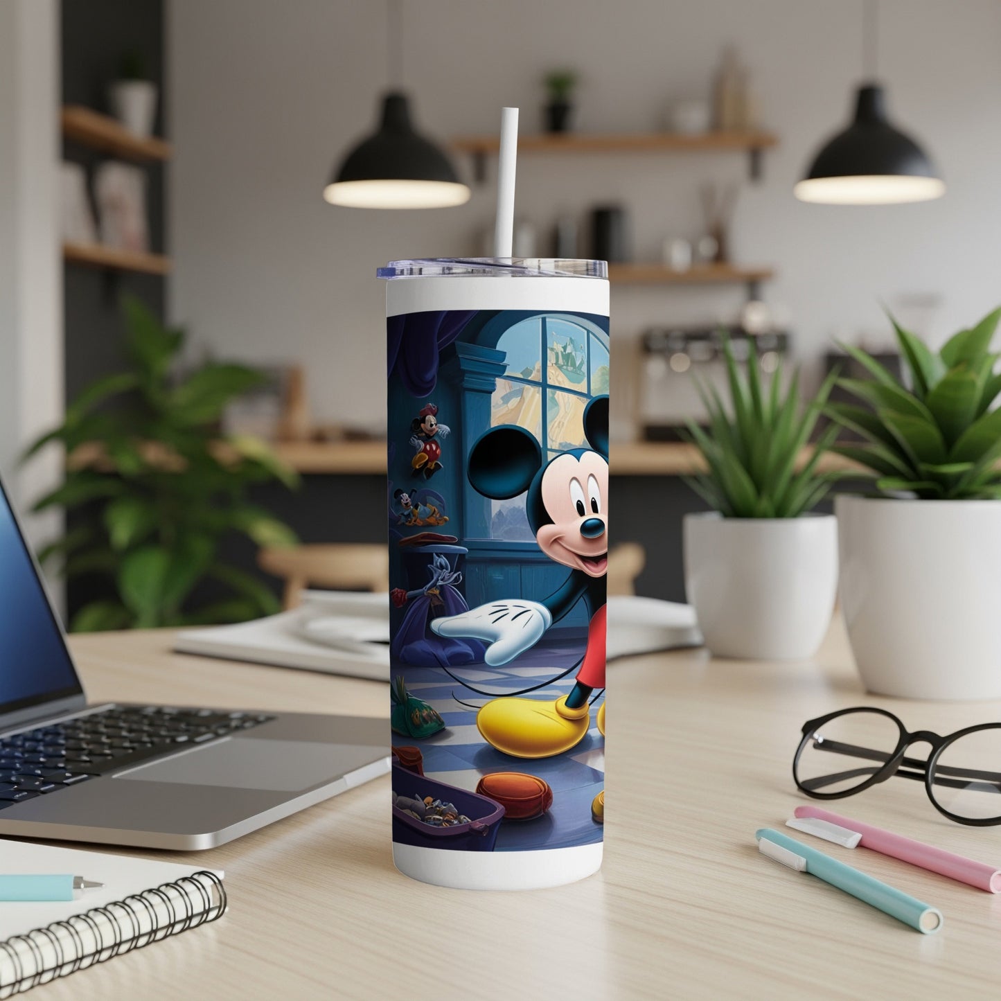 Mickey Mouse characters on a blue tumbler with a white straw.