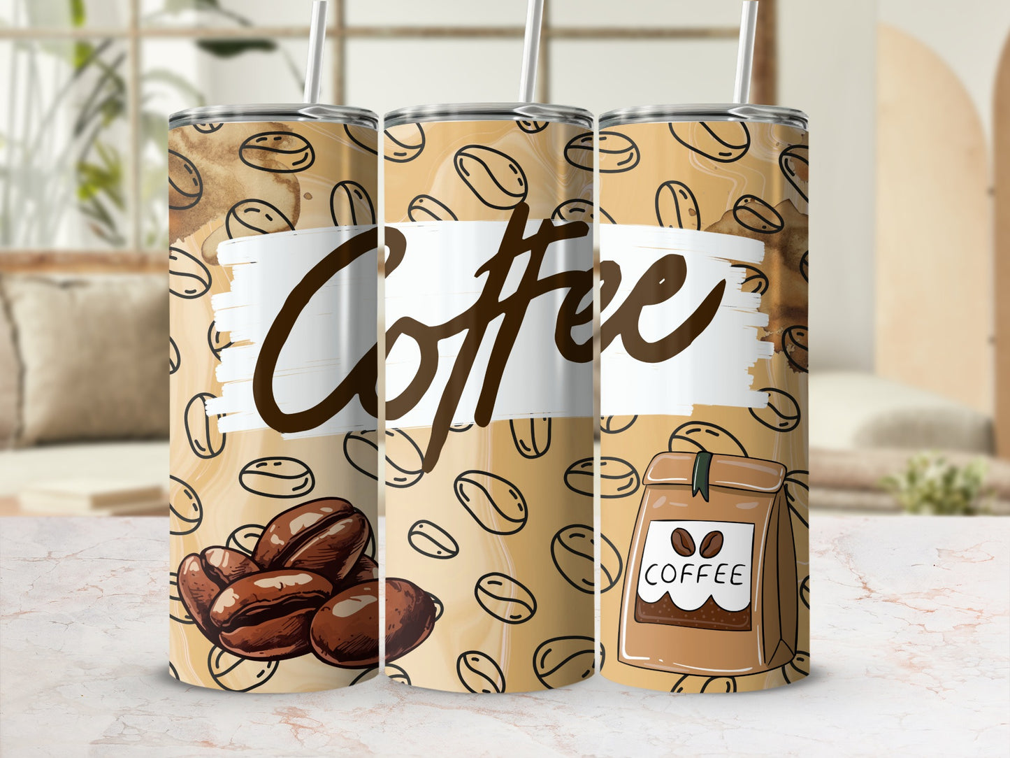 Coffee Bean Design Insulated Tumbler with Straw