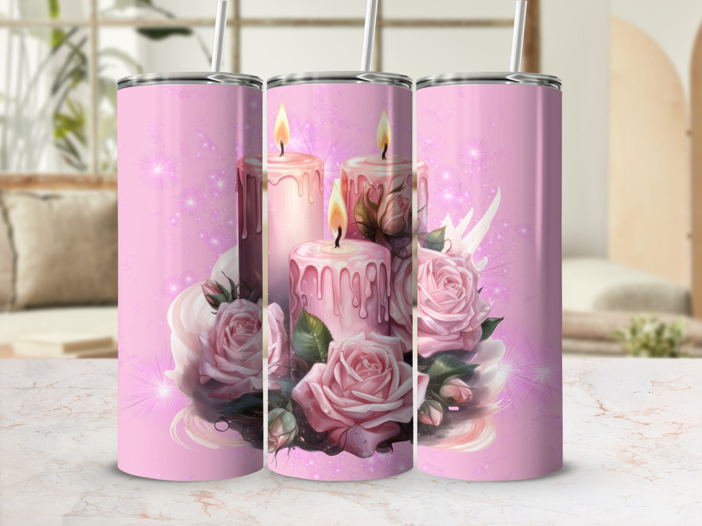 Pink Candle and Rose Design Tumbler with Straw