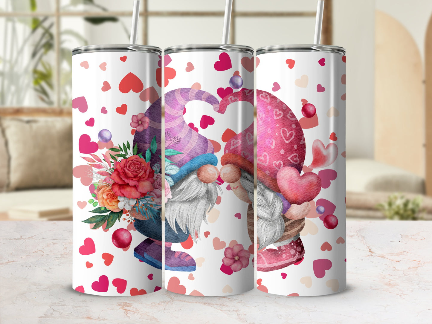 Valentine's Day Gnome Couple Heart Design Tumbler