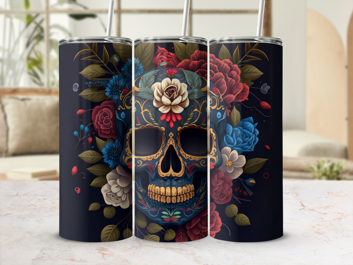 Floral Skull Artwork Insulated Tumbler