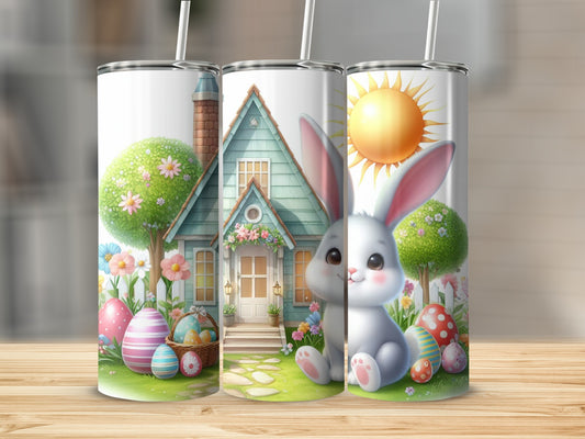 Easter bunnies and eggs in front of a charming cottage under a sunny sky.