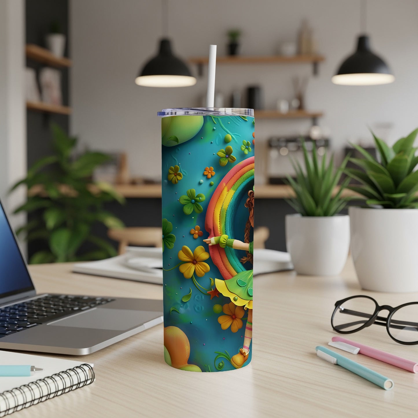 St. Patrick's Day themed tumbler with a rainbow, clover, and leprechaun.