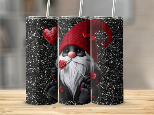Cute Gnome with Heart and Roses Black Glitter Tumbler