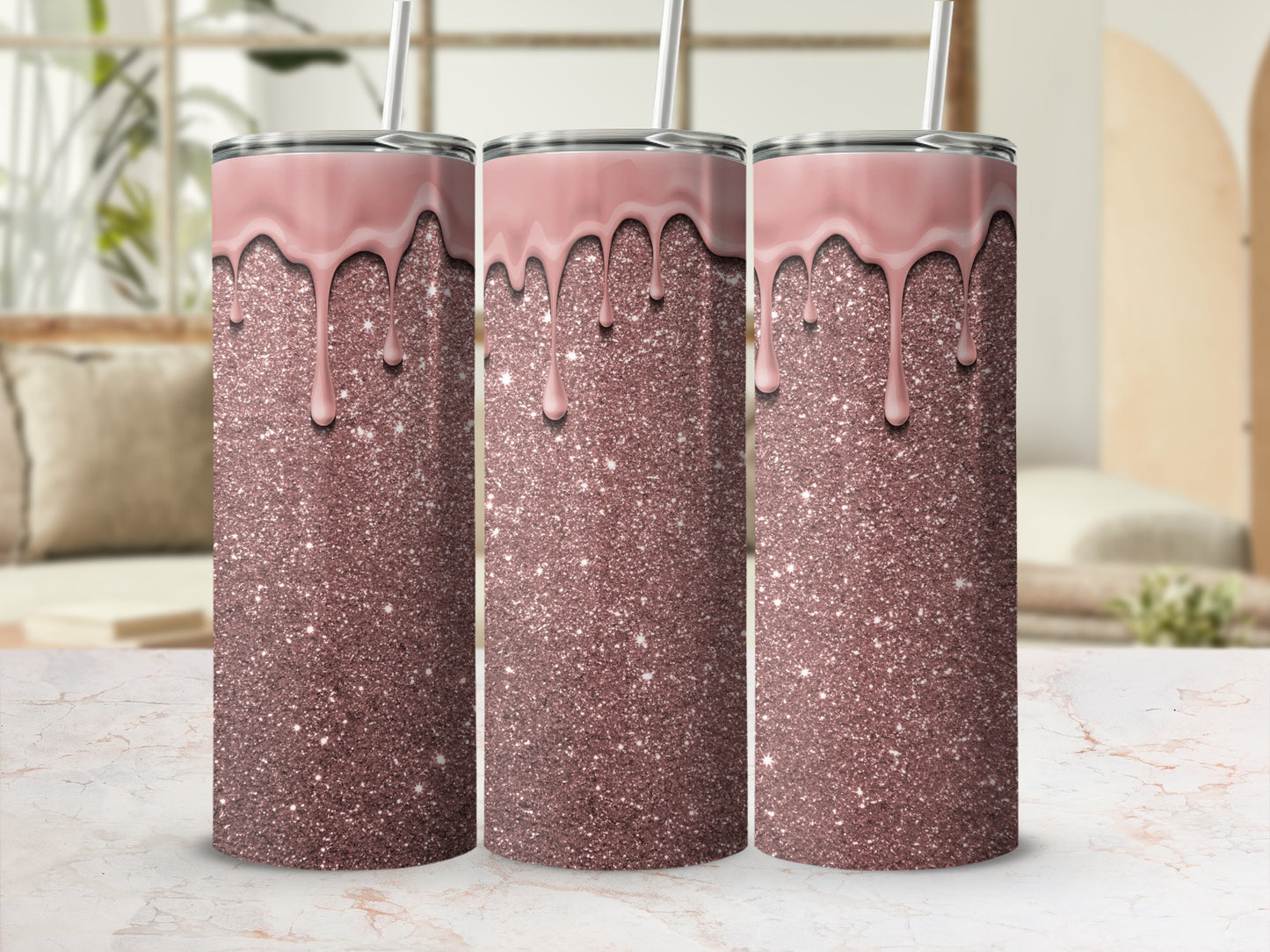 Sparkling Pink Glitter Tumbler with Dripping Design