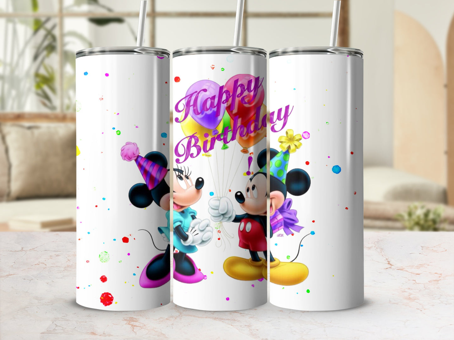 Colorful Minnie and Mickey Happy Birthday tumbler