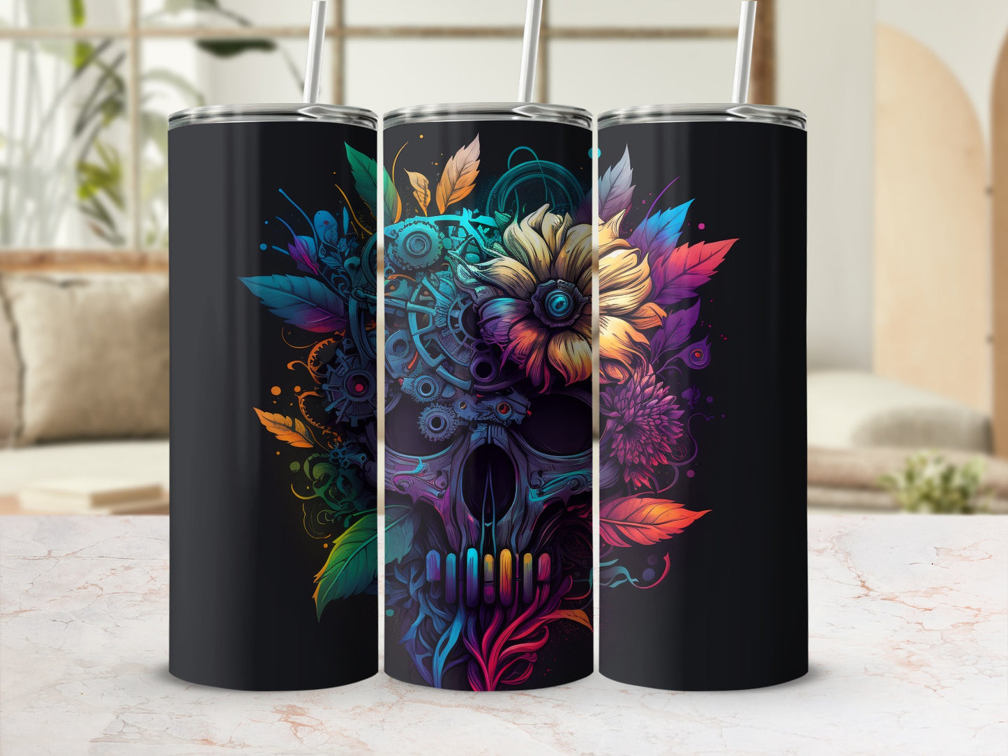 Colorful Skull and Floral Design Insulated Tumbler