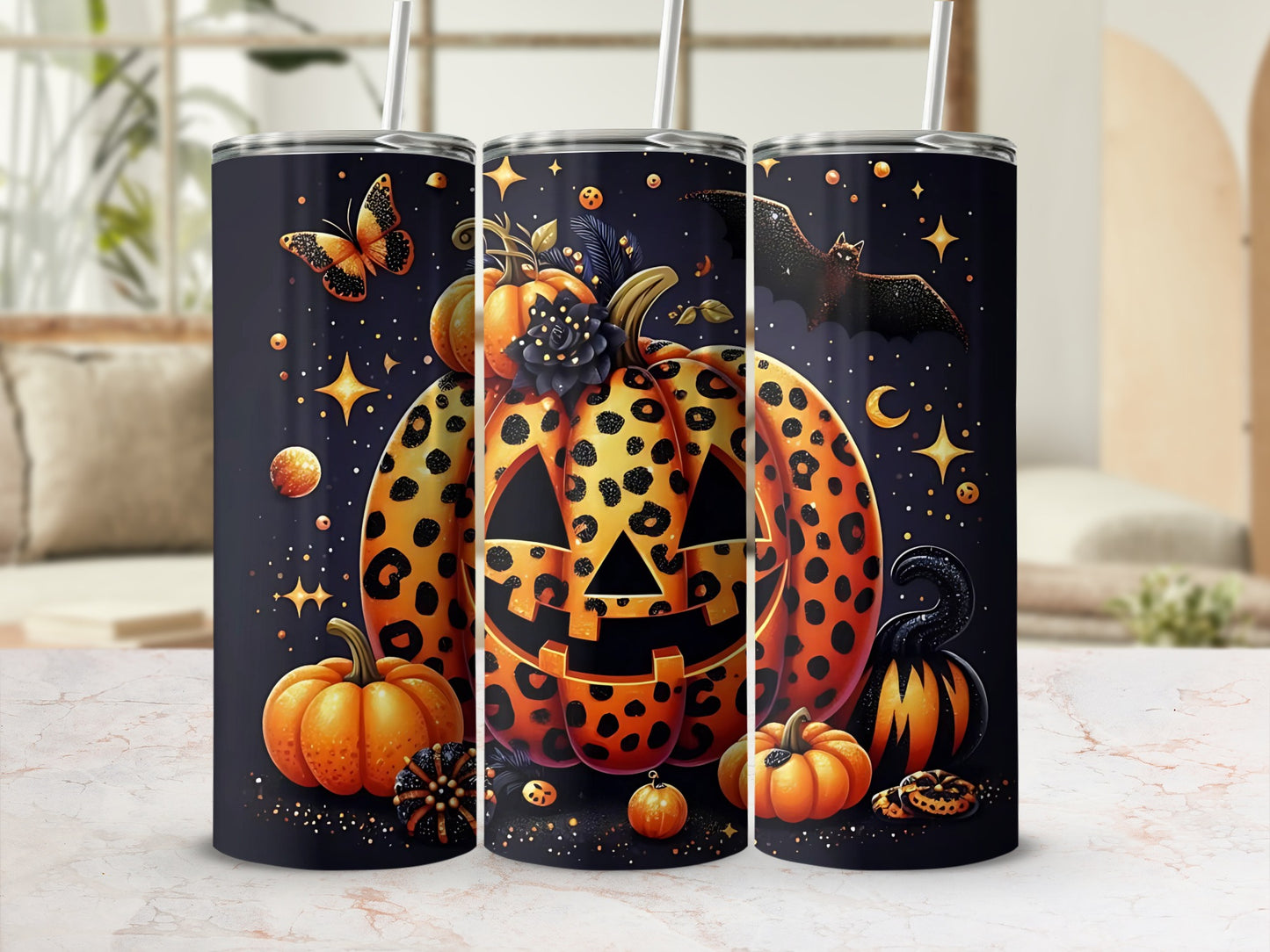 Halloween Pumpkin and Bat Design Insulated Tumbler