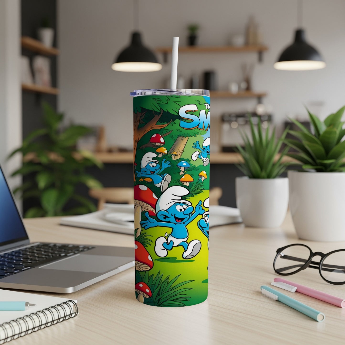 Smurfs running through a mushroom forest on a green tumbler.