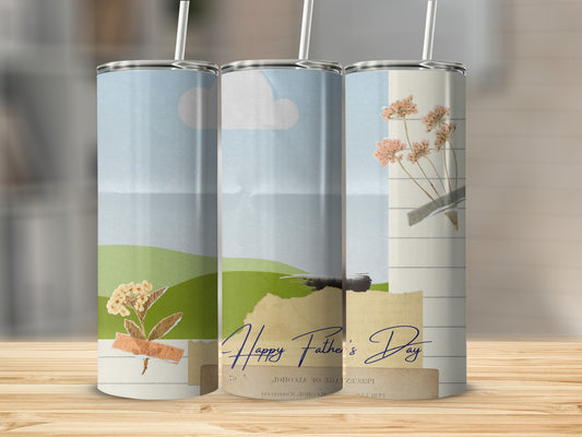 Tumbler with landscape and floral collage art, reads "Happy Father's Day".