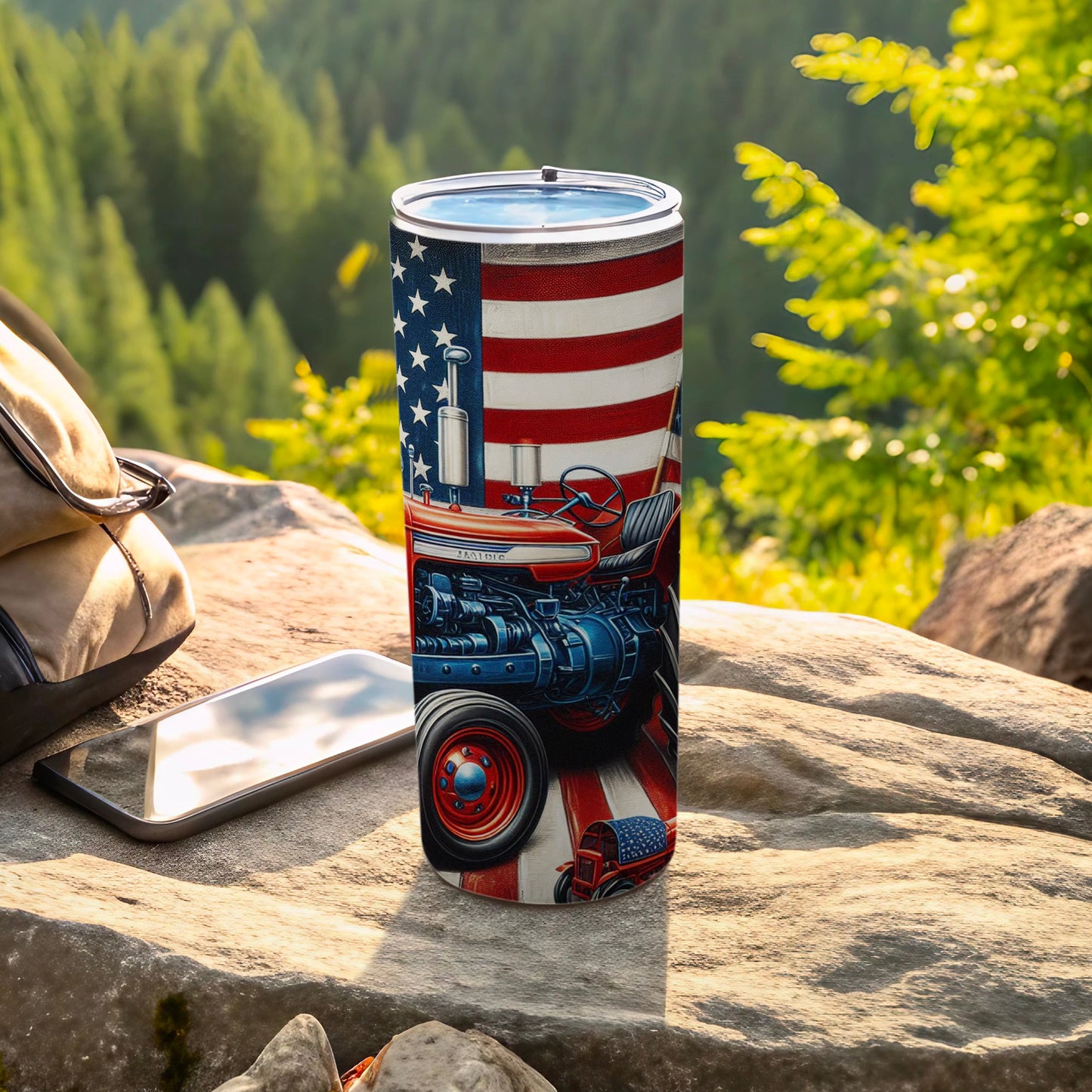 Tumbler featuring American flag, blue tractor, and patriotic elements.