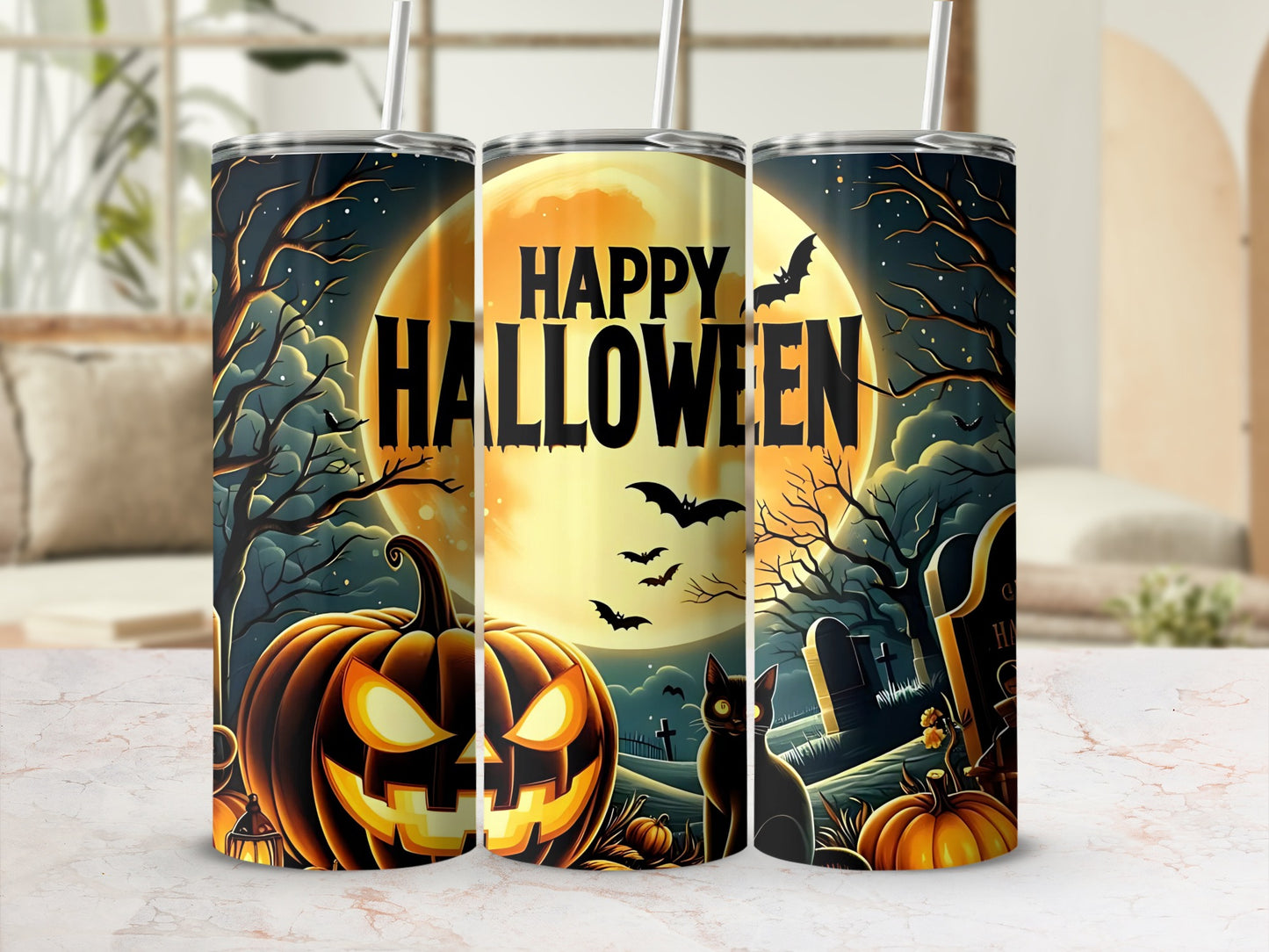 Spooky Halloween Pumpkin and Cat Tumbler for Festive Fun