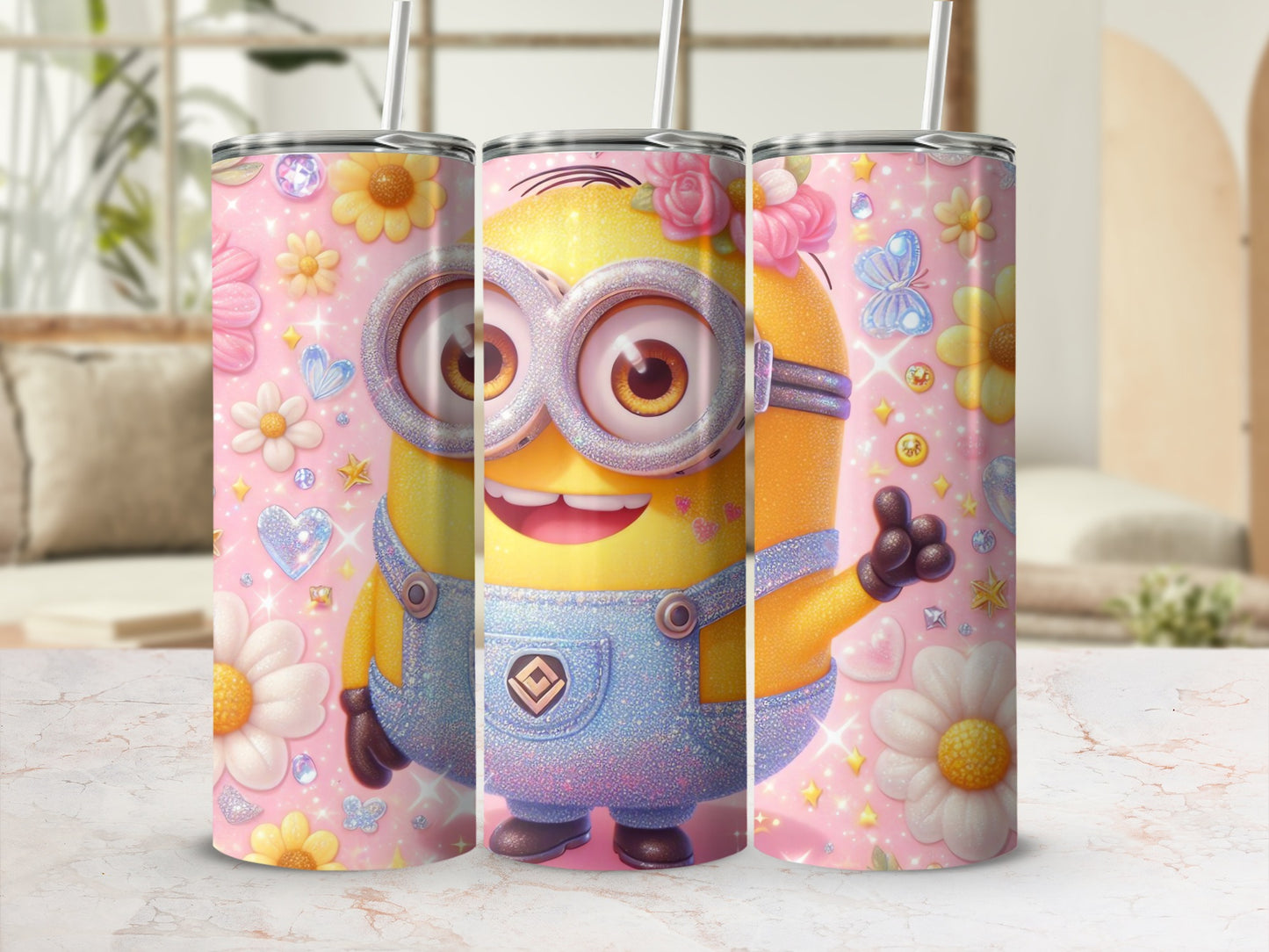 Cute Minion Themed Tumbler with Pink Floral Design