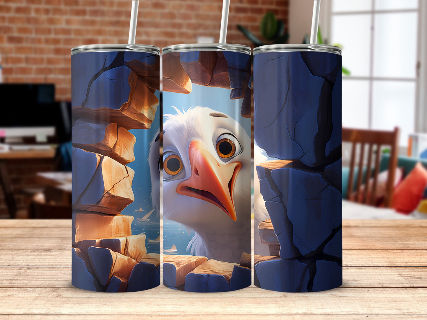 Cartoon Seagull Peeking Cliff Ocean Scene Design product type