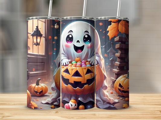 Three tumblers with Halloween ghost and pumpkin design, candy, and falling leaves.