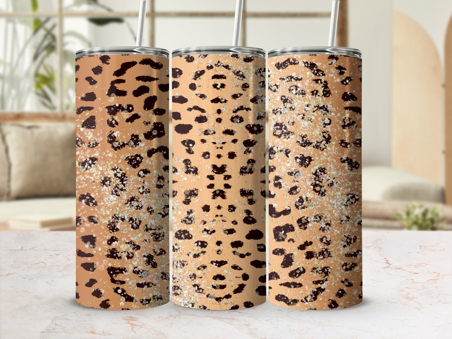 Leopard Print Glitter Skinny Tumbler Bottle Flask