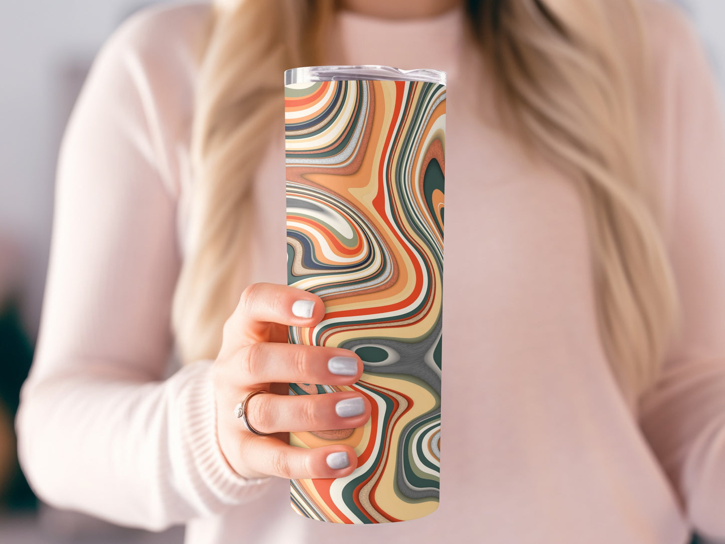 Abstract Swirls of Color Orange Green and Beige Tumblers