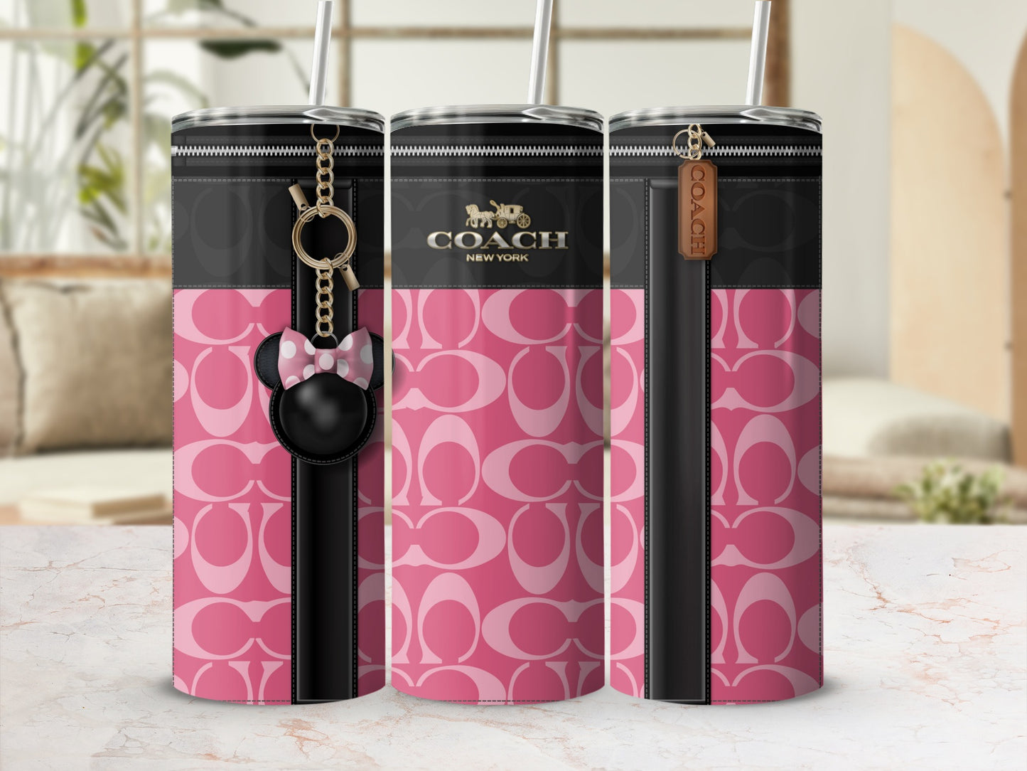 Stylish Pink and Black Designer Tumbler with Straw