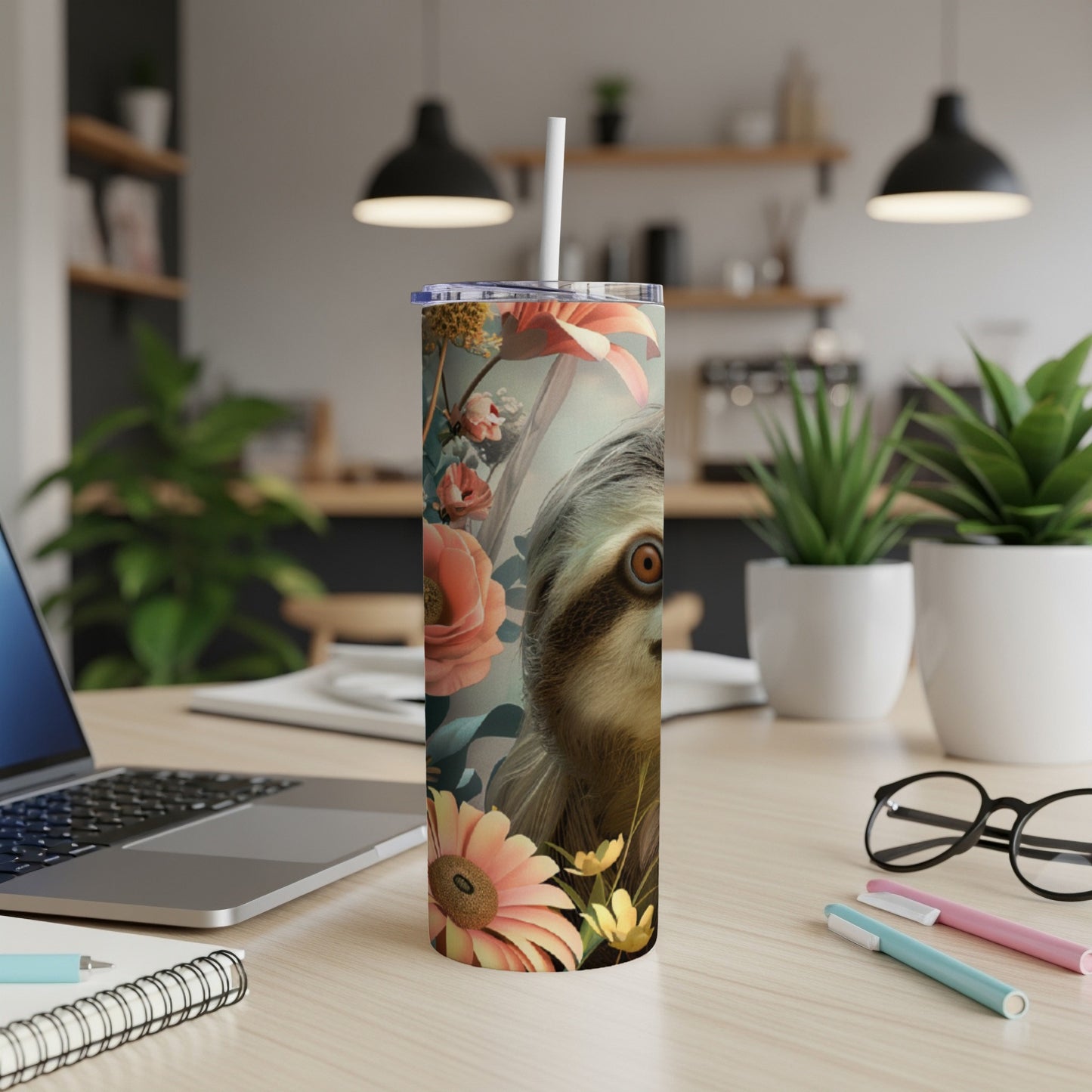 Sloth with flowers on a skinny tumbler.