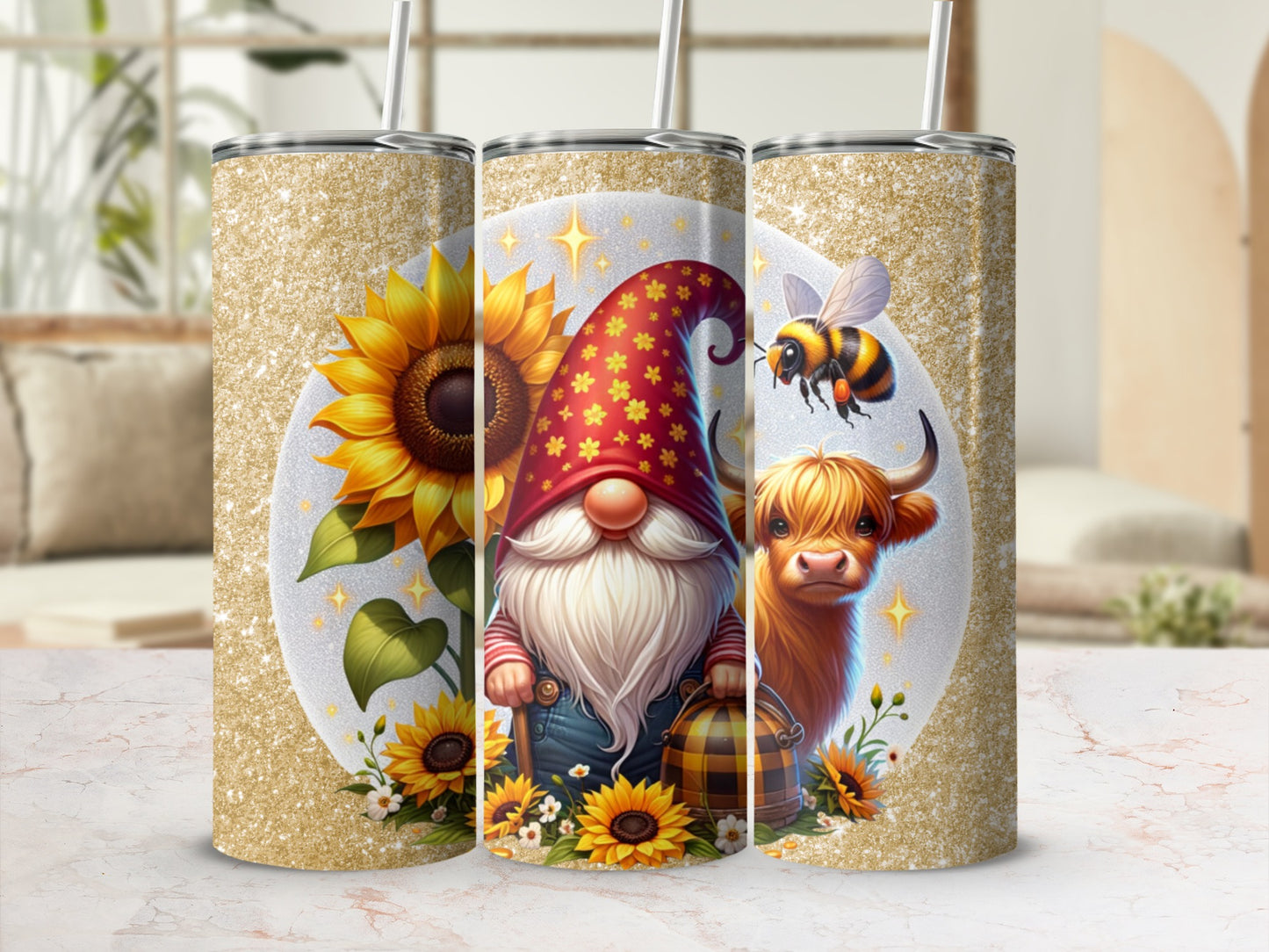 Sunflower Gnome with Honey and Cow Tumbler Cup