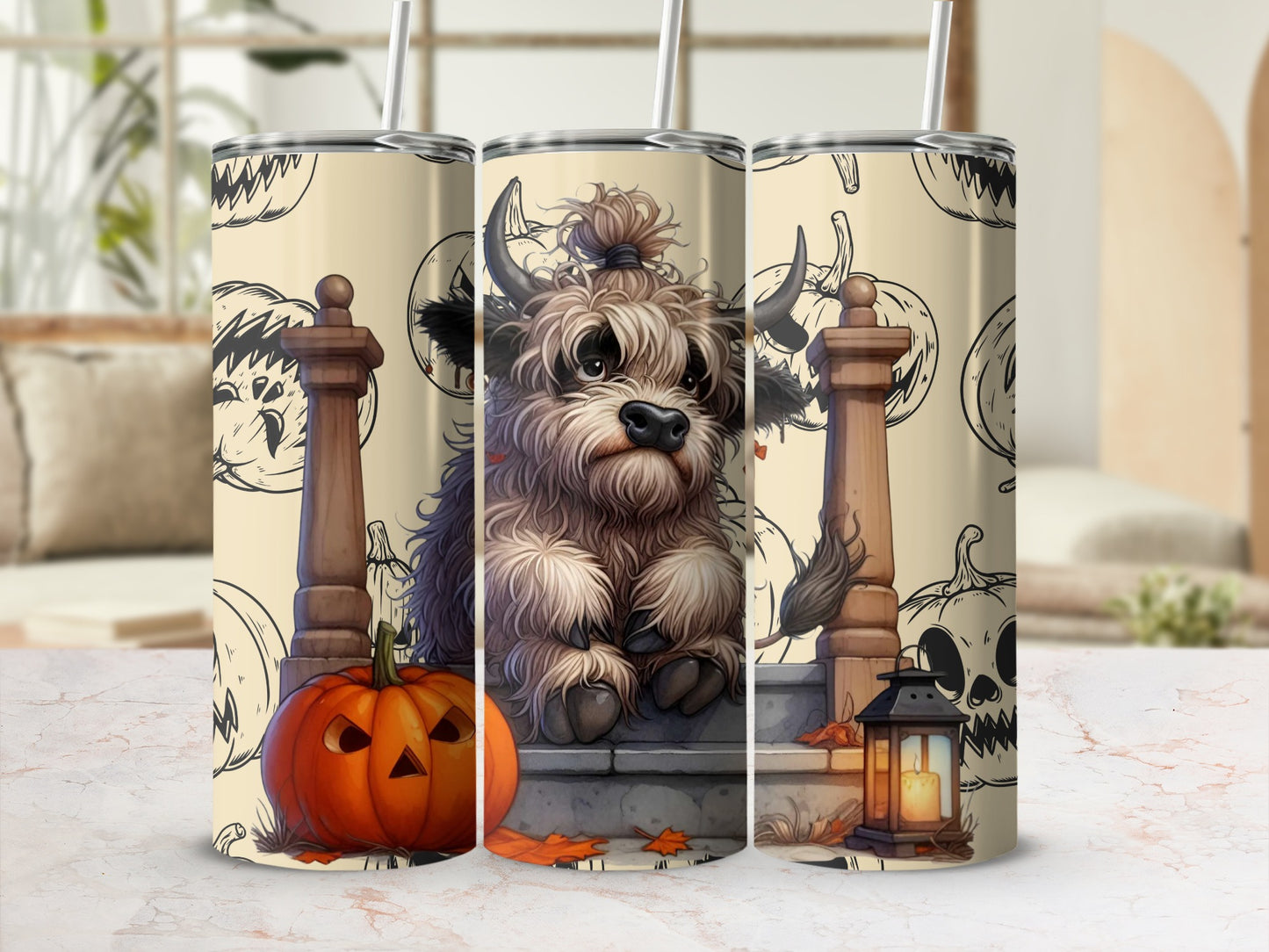 Halloween Dog Tumbler with Pumpkin and Lantern Art Design