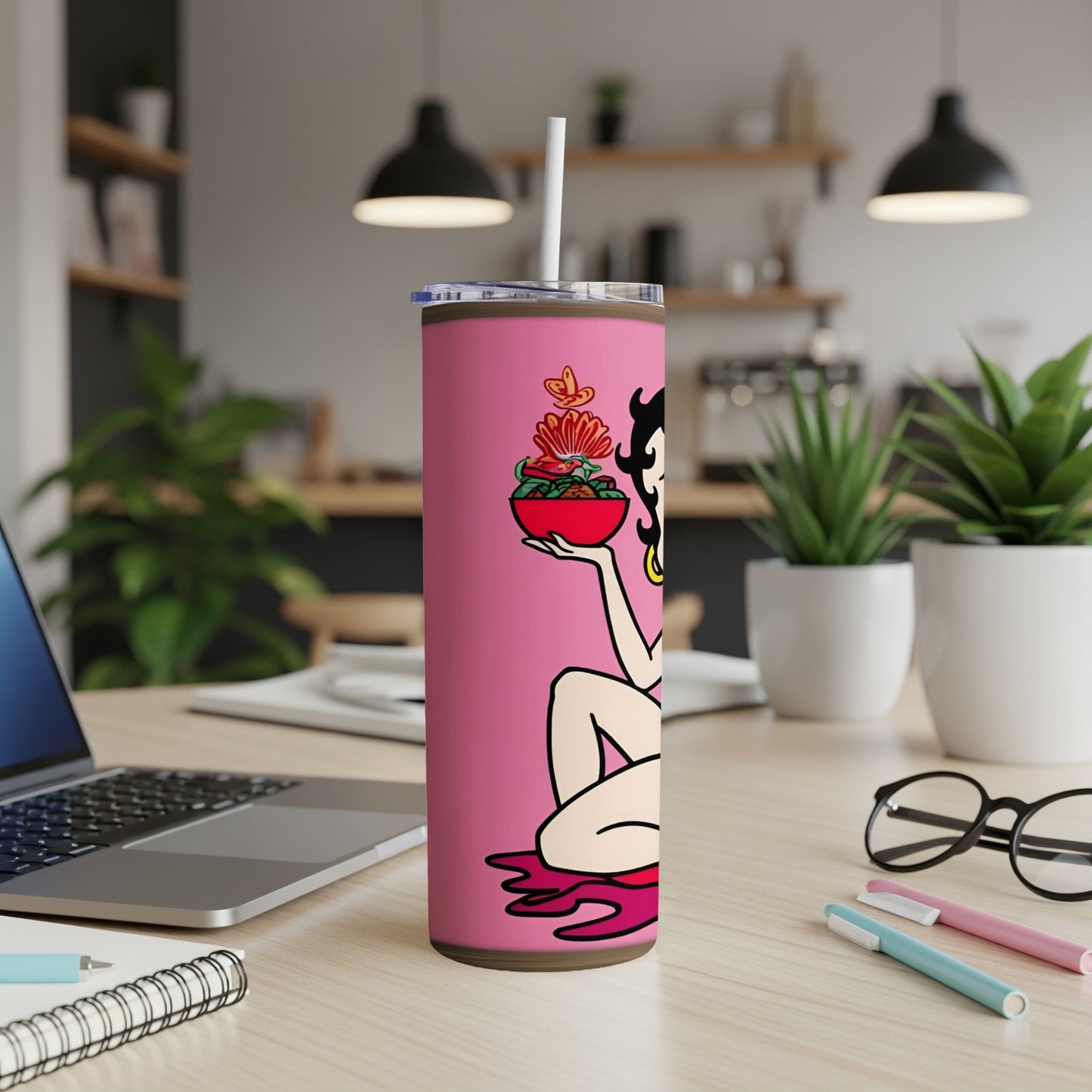 Betty Boop on a pink tumbler holding a bowl of food.