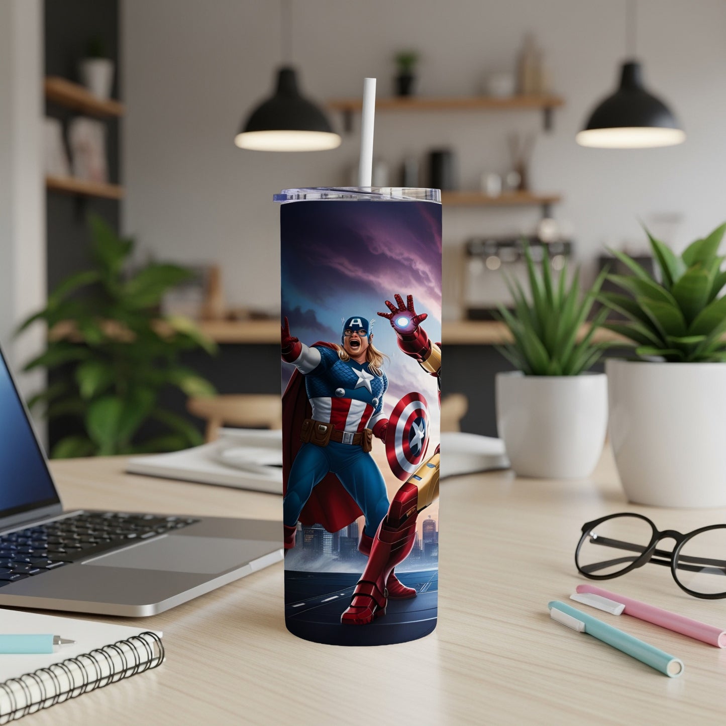 Captain America and Iron Man in action on a superhero-themed tumbler.