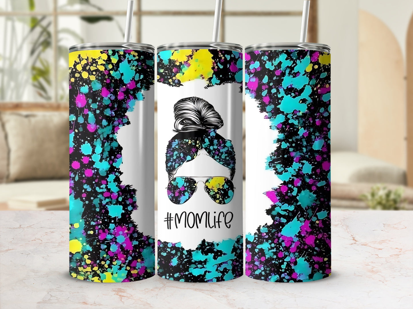 Colorful Splatter Mom Life Tumbler with Straw