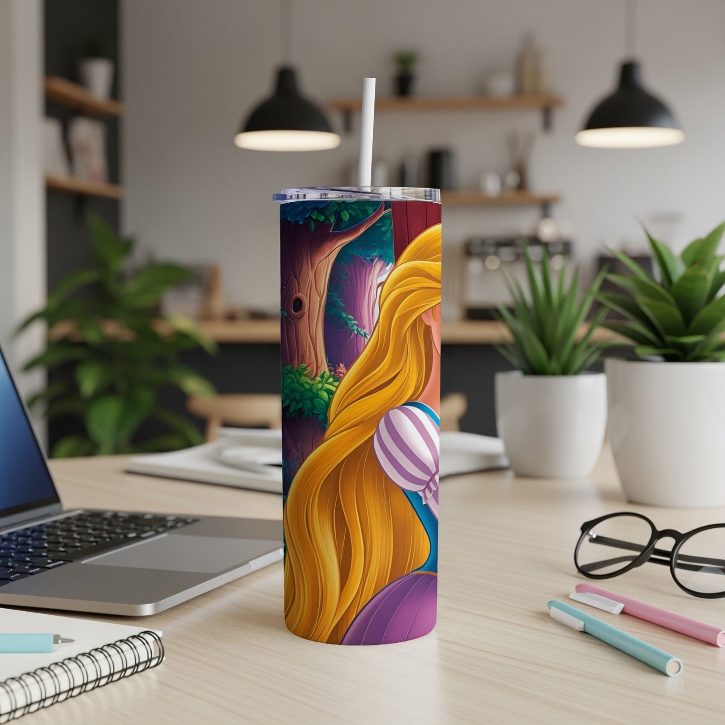 Tall tumbler with Rapunzel's blonde hair and a castle in a forest scene.