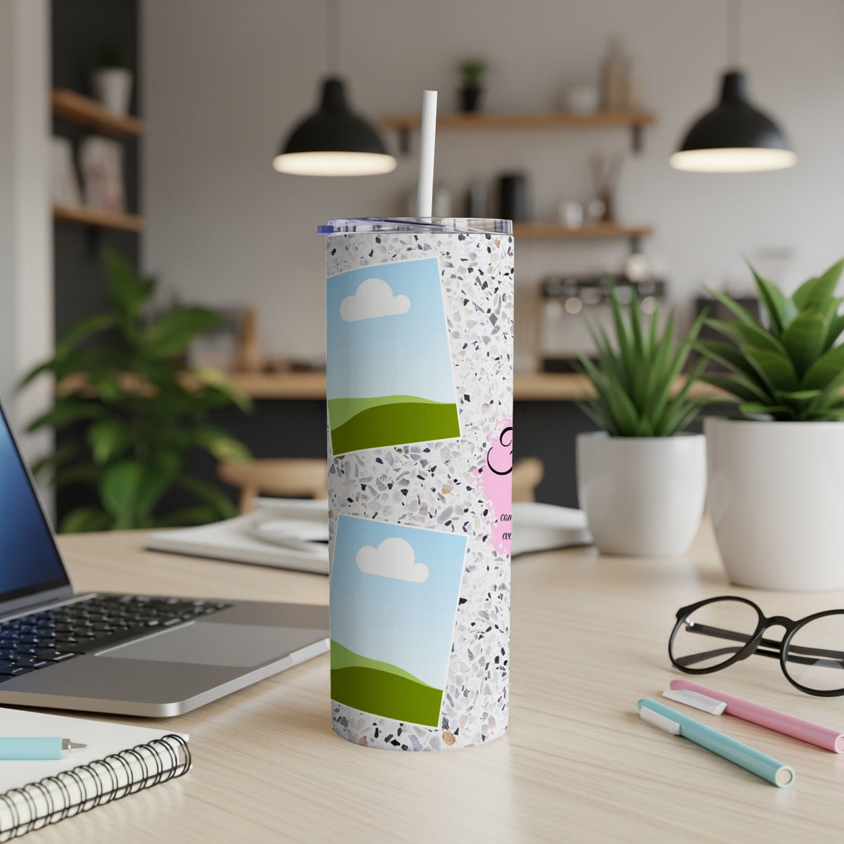 Tumbler with terrazzo pattern, photo slots, and pink character graphic.