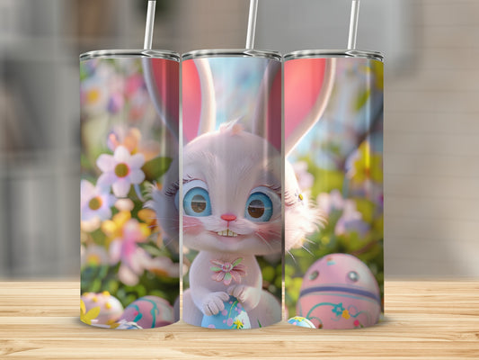 Easter bunny with colorful eggs and flowers on a tumbler.