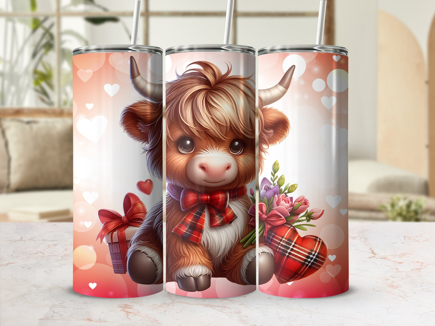 Cute Highland Cow with Red Plaid Gift and Roses Cup
